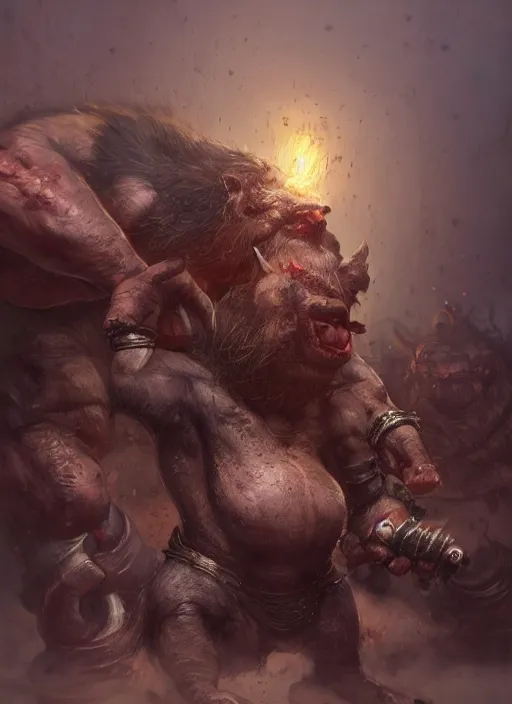 Image similar to a rat ogre choking a dwarf, warhammer, ultra detailed, fantasy, dramatic lighting, trending on artstation, award - winning, artgerm and greg rutkowski, 8 k