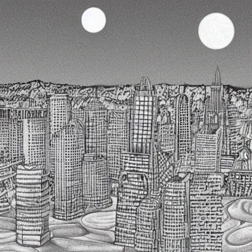 Prompt: a beautiful highly detailed rendering of a lunar eclipse city