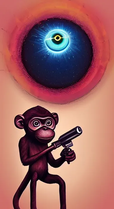 Image similar to “ big eye monkey holding laser gun floating in clouds, digital art, super aesthetic, art station childish style ”