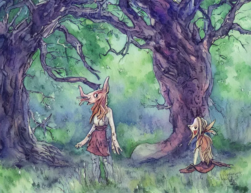 Prompt: lost forest spirit in an orchard. this watercolor painting by the award - winning comic artist has dramatic lighting, an interesting color scheme and great sense of depth.