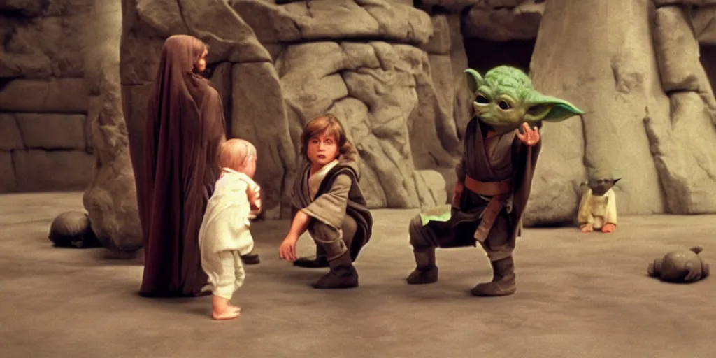 Image similar to screenshot of Luke Skywalker teaching baby yoda Grogu in a Jedi Temple, 1970s thriller by Stanely Kubrick film, color kodak, ektochrome, anamorphic lenses, detailed faces, moody cinematography