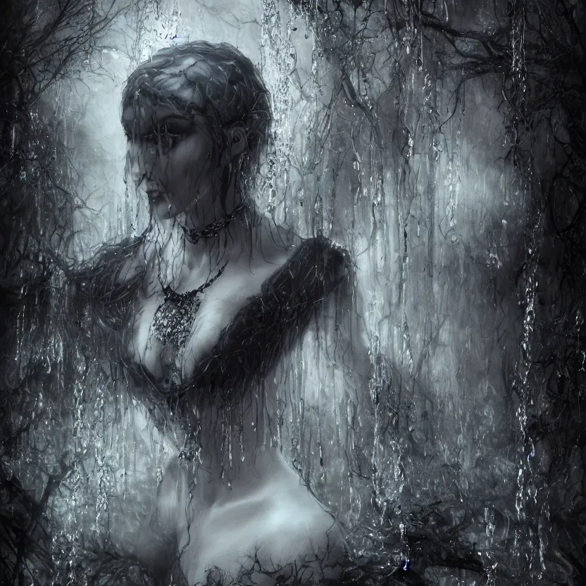 Image similar to A portrait of a Gothic goddess of water jewels in an empty land, dark and mysterious, lively atmospheric, cinematic, 8k, 4k, ultra detail, ultra-realistic, rendered by DeviantArt