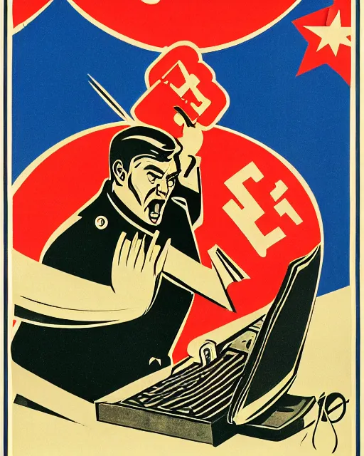 Image similar to soviet propaganda poster of an angry communist developer yelling at his computer