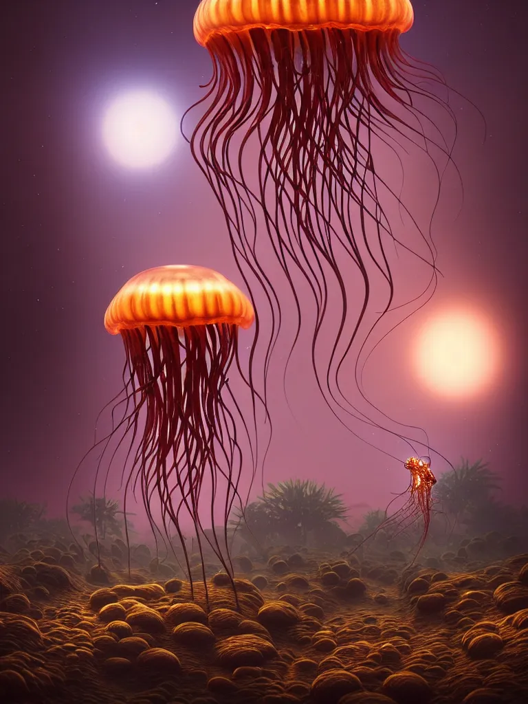 Image similar to creature octo jellyfish in a desert lush vegetation, warm tones, night, water reflection, bioluminescent translucent : : by michal karcz, daniel merriam, victo ngai and guillermo del toro : : ornate, dynamic, particulate, intricate, elegant, highly detailed, centered, artstation, smooth, sharp focus, octane render, 3 d