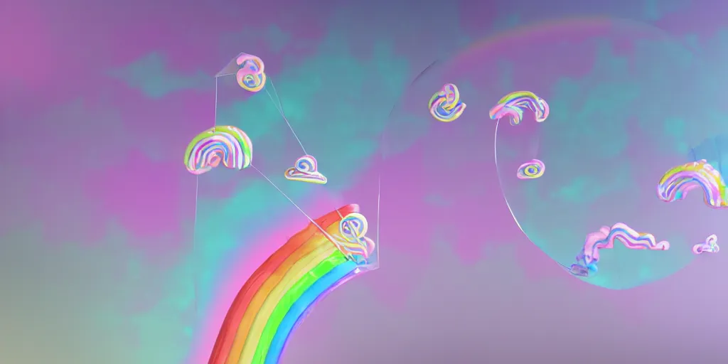 Prompt: intricate curving swirling treble clef staff of complex musical notes and tiny Pink Floyd rainbow prisms, inflatable flying pig balloons flowing from a glass pyramid prism, pastel faded grey rainbow, pink and grey muted colors, faded grey muted wash of distant pastel colors, Cryengine, Raytracing in the style of Pink Floyd Dark Side of the Moon