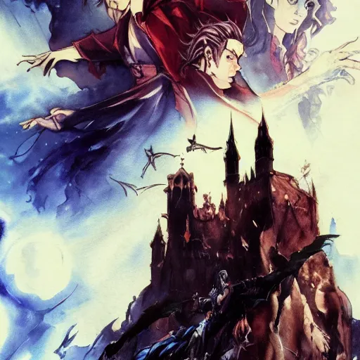 Image similar to vintage movie poster art for castlevania by trending pixiv fanbox, watercolor, style of makoto shinkai takashi takeuchi yoshiyuki and agnes cecile 4 k concept art