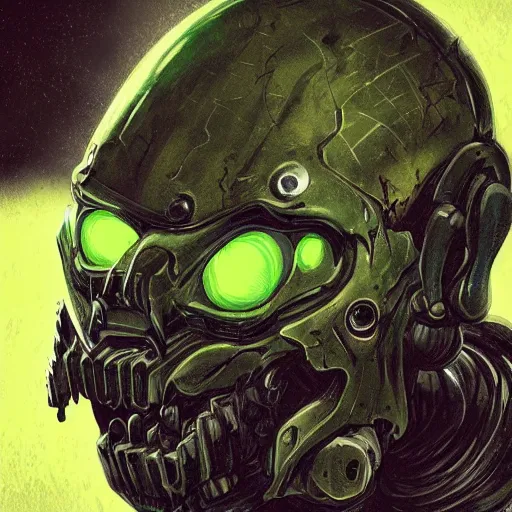 Prompt: pixiv, gruesome, sci - fi, polychaeta, undead cyborg head, doom, newt, yellow, green