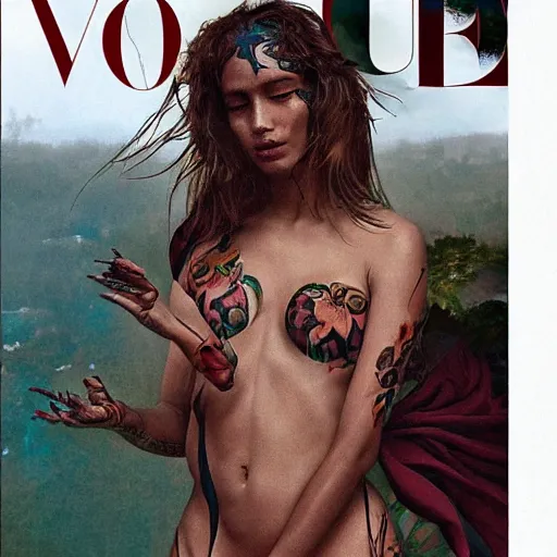 Prompt: super sexy, beautiful South American female model with full body Japanese tattoo , Vogue 2088 issue January, in the style of Bosch and Jan Van Eyck, Greg Rutkowski