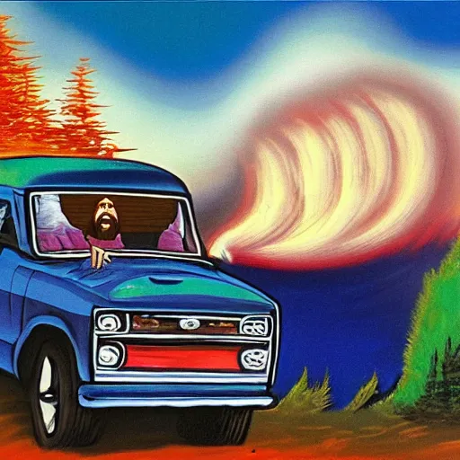 Image similar to bob ross screaming in back of pick up truck on bad acid trip