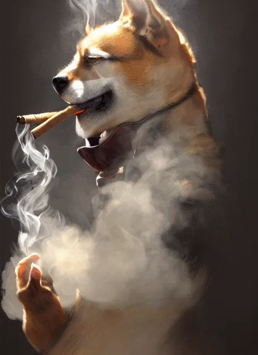 Prompt: Portrait of Shibu Inu smoking a cigar in his mouth blowing smoke, realistic, detailed, 4k by Greg Rutkowski Mark Arian trending on artstation