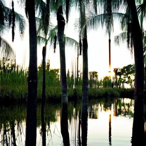 Image similar to small florida swamp fishing village on the side of the water, night time, dimly lit by lanterns