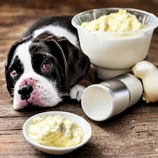 Image similar to a dog in the form of garlic drinks mayonnaise from a metal bowl