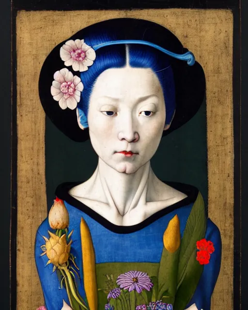 Prompt: portrait of a woman with blue hair buns, wearing a black suit, walking in a street full of plants, flowers and people, intricate details, high detail, in the style of rogier van der weyden and jacopo da pontormo, punk, asian art, masterpiece