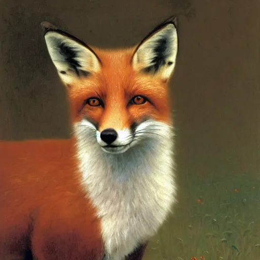 Image similar to A portrait of a fox wearing a hat full of dandelions, by Robert Cleminson and William-Adolphe Bouguereau