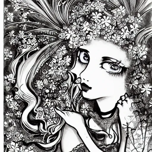 Image similar to prompt: beautiful girl in lake with light up face painted in baroque style, nymph in the water, small flowers around and on the side, 1980 manga, black and white photo, intricate ink drawing, high detail, Neo-expressionism, post-modern gouache marks on the side, gnarly details in the water and brushstrokes