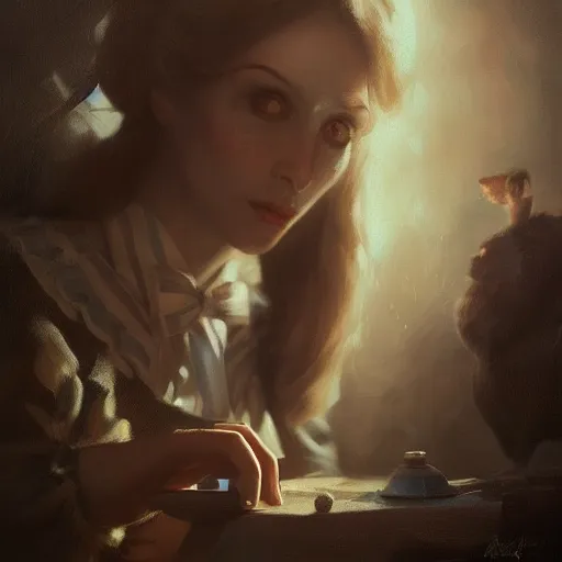 Prompt: closeup portrait of alice in wonderland, dramatic lighting, chiaroscuro, high detail, painted by greg rutkowski, painted by igor kieryluk, painted by bobby chiu, trending on artstation