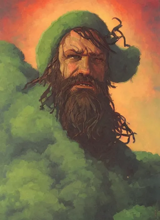 Prompt: portrait of grizzled sailor on sea of green flame, coherent! by brom, deep color, strong line, high contrast