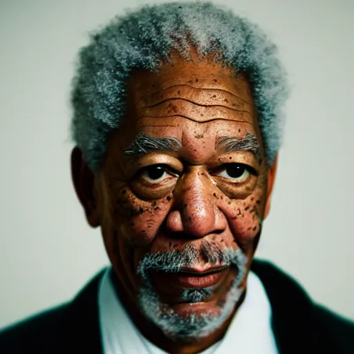 Image similar to a studio photograph of Morgan Freeman dressed as Travis Scott, 40mm lens, shallow depth of field, split lighting