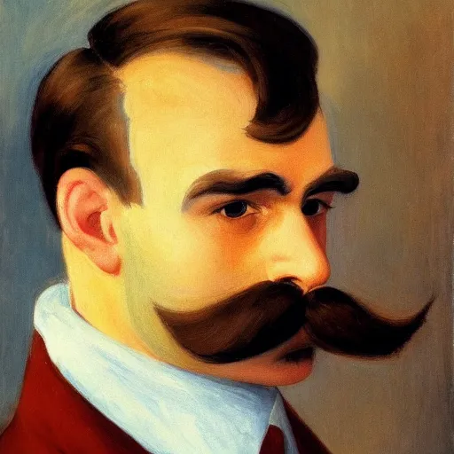 Image similar to a brown haired man with a mustache staring deeply at camera, detailed, edward hopper,