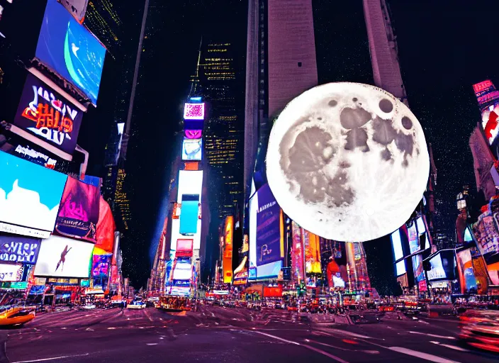 Image similar to film still of the moon shattering into pieces exploding moon over time square in the new disaster, 8 k, night time