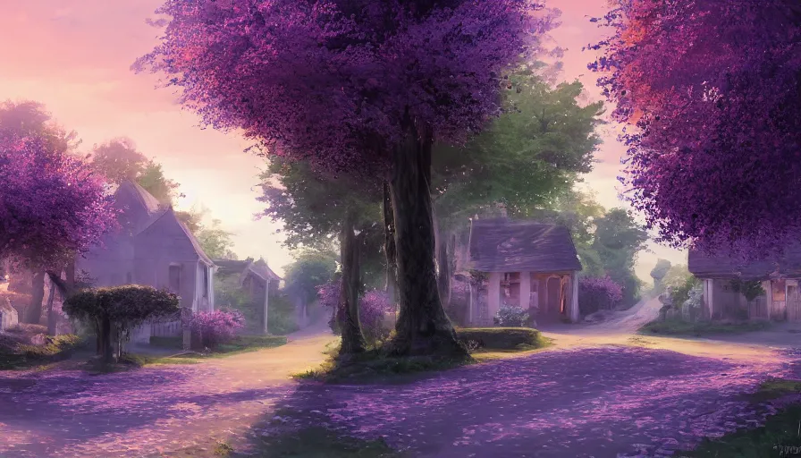 Prompt: landscape of a beautiful street full of wysteria flowers, purple lighting, sunset, dusk. old houses by the roads and fir trees. hyper detailed, artstation cgsociety, 8 k