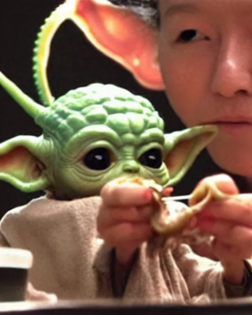 Image similar to baby yoda eating an alien squid thing in the style of dae - su eating an octopus at the sushi bar in oldboy