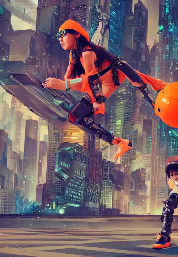 Prompt: Cyberpunk Asian Robot Cyborg Girl wearing a orange beanie and riding on a hoverboard through a alien dystopian cyberpunk mega city