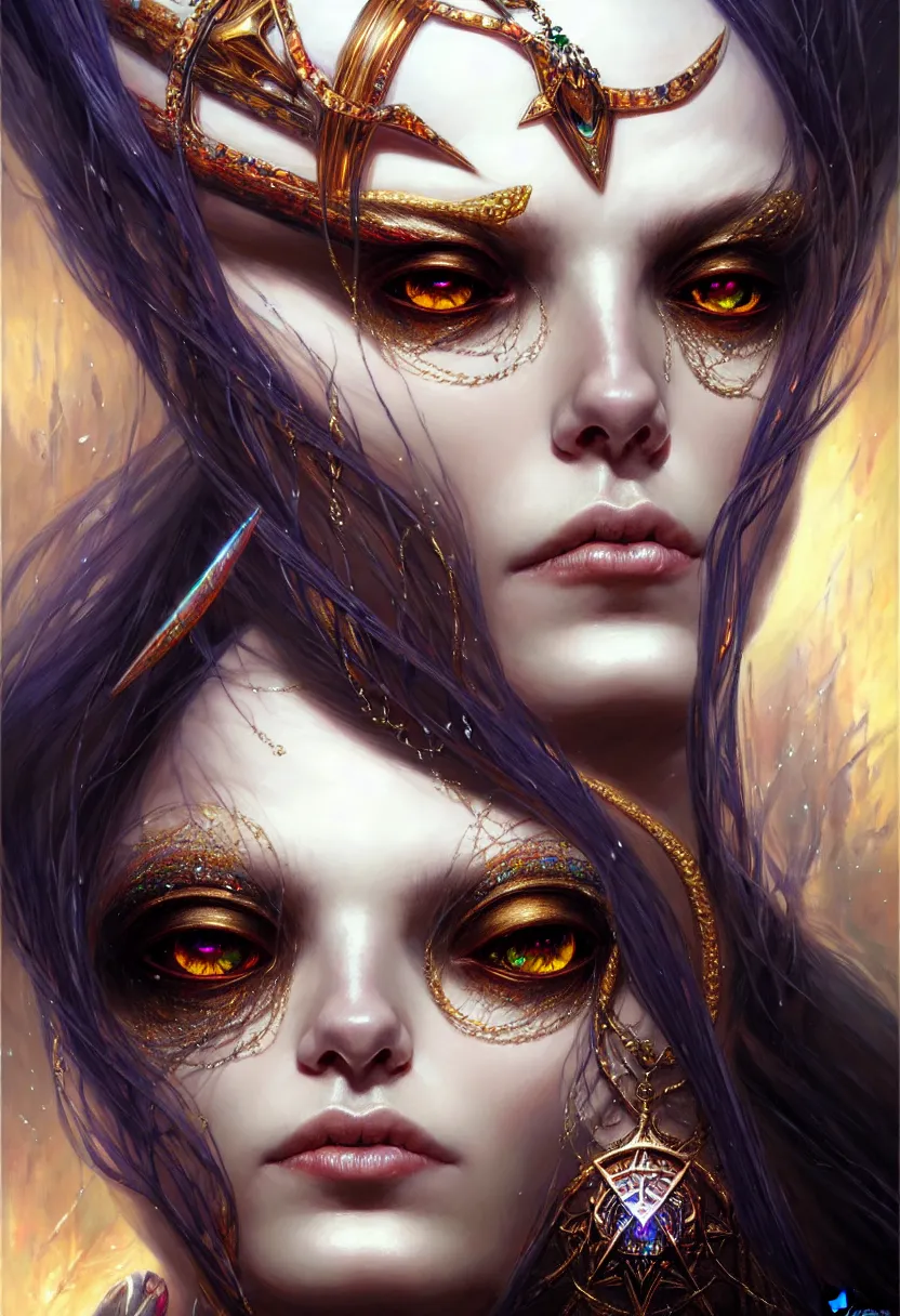 Image similar to A portrait of a jewels-crowned sorceress with vertically slit cornea eyes, by Karol Bak and Jia Ruan, artstation, very detailed, fantasy art, rpg