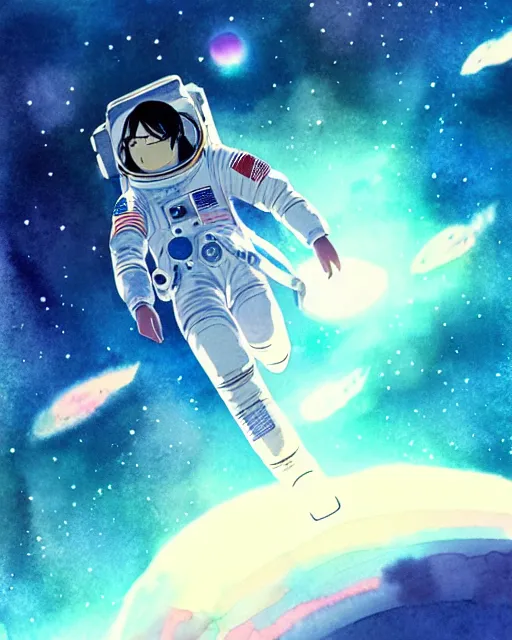 Image similar to oriental water color of a thicc female astronaut, floating through space, backlit, by makoto shinkai