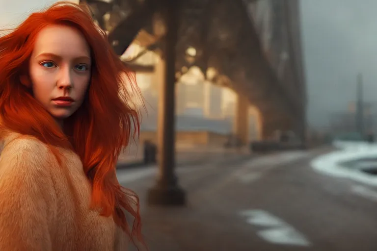 Prompt: hyperrealistic portrait of stunningly beautiful redhead nordic girl, lit in a dawn light, busy city on background, trending on artstation,ultrawide angle, f8 , polarizer , unreal engine