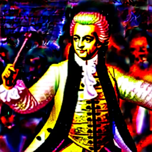 Image similar to a photo of wolfgang amadeus mozart on a rave. he sweats a lot because the club is poorly ventilated, but he still has a great time. club photography, smartphone photography.