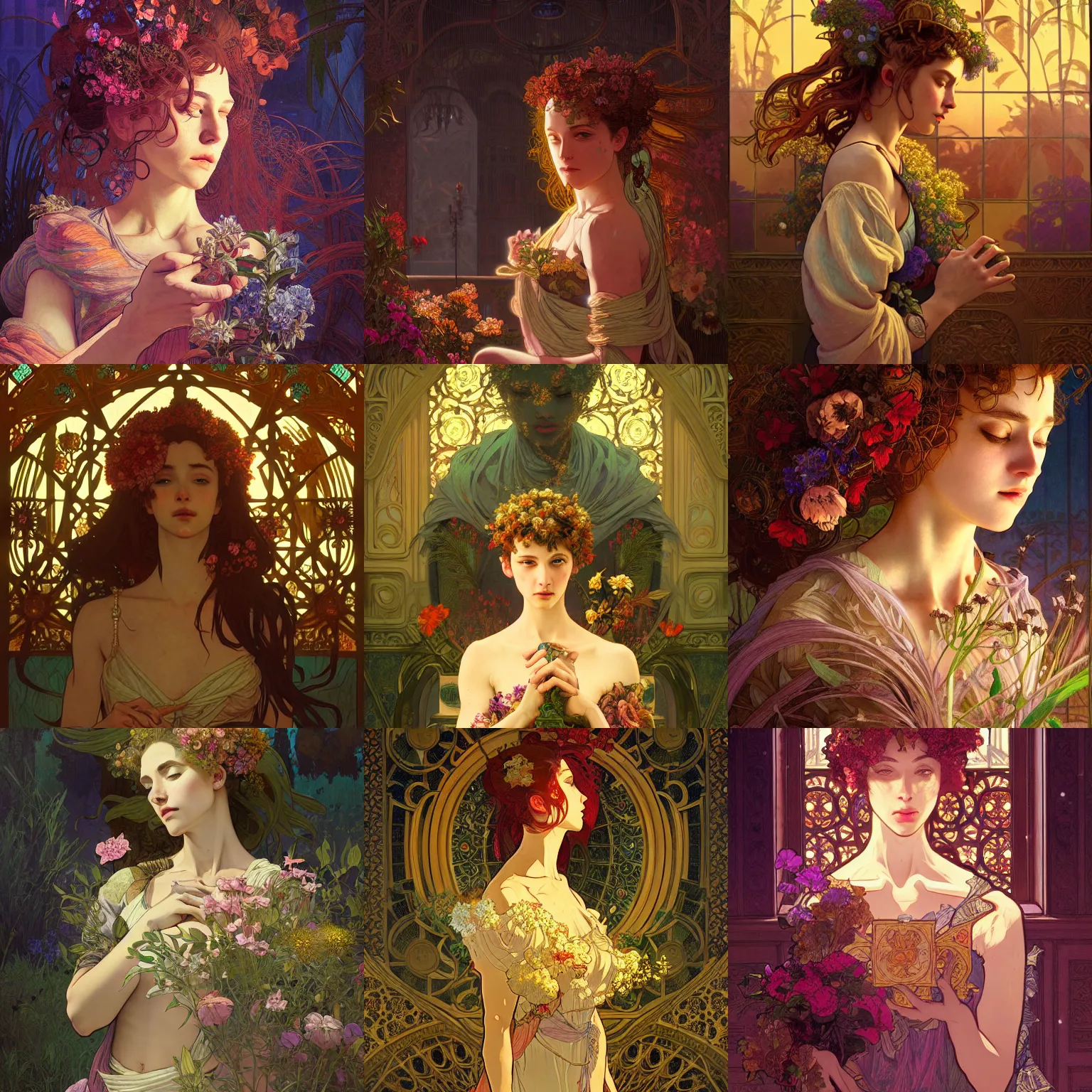 Prompt: Abigail's Flower Neo Rococo Expressionist orientalism, extreme plus resolution fantasy concept art, intricate details to everything visible, sharp lighting, Dramatic light with emphasis of night by denis villeneuve, strong emphasis on alphonse mucha, Makoto Shinkai