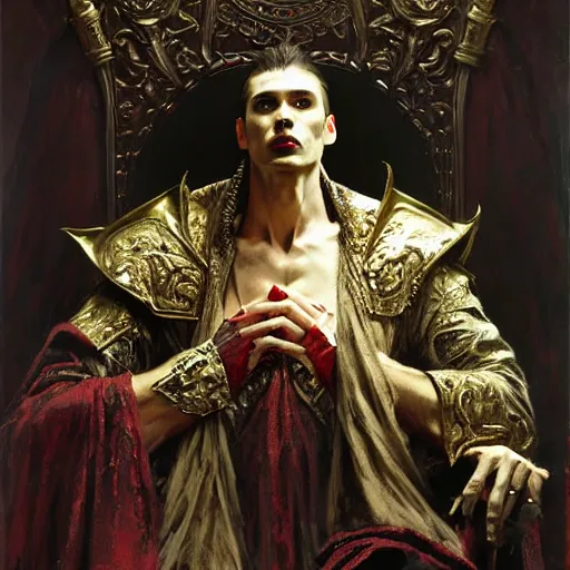 Image similar to perfectly centered portrait of attractive vampire king in a robe sitting on a throne of bones, highly detailed painting by gaston bussiere, craig mullins, j. c. leyendecker, 8 k