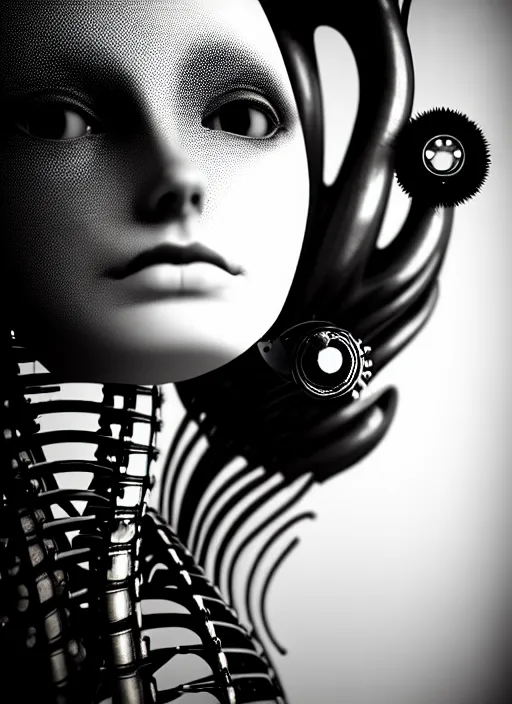 Image similar to black and white dreamy foggy profile face portrait, one steampunk eye biomechanical beautiful young female cyborg - robot, body ribs meshes, big monocular, volumetric light, hibiscus flowers, by hg giger, rim light, by dora maar and cecile beaton, big gothic fashion pearl embroidered collar, 8 k