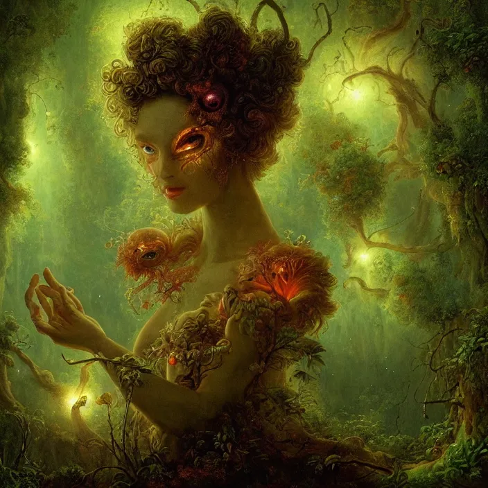 Prompt: a close - up rococo portrait of a dark alien fairy. giant glowing eyes. surrounded by moss, mushrooms, and swamp, 1 8 th century painting by jean - honore fragonard and moebius. fireflies, night time. gloomy bluish environment, blurry organic dark background. sci - fi fantasy renaissance masterpiece. artstation