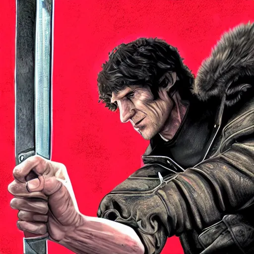 Image similar to todd howard with a switchblade in a alleyway, forcing you to buy skyrim, threatening, sharp, cinematic, colorful, digital art, neon, bright, realism, bold