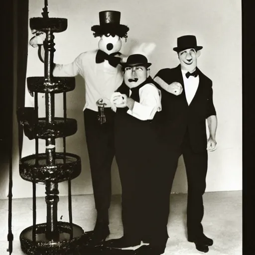 Prompt: 2 mobster bert and ernie, 1 9 2 0 s gansters, party and champagne fountain in the background, sesame street in the 1 9 2 0's, 3 5 mm film, black and white photography, artwork by nan goldin