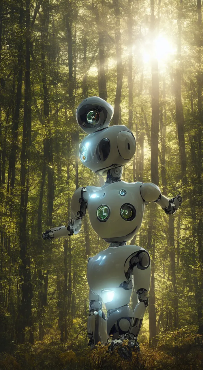 Image similar to a robot portrait in a movie, forest, cinematic shot, sun beams