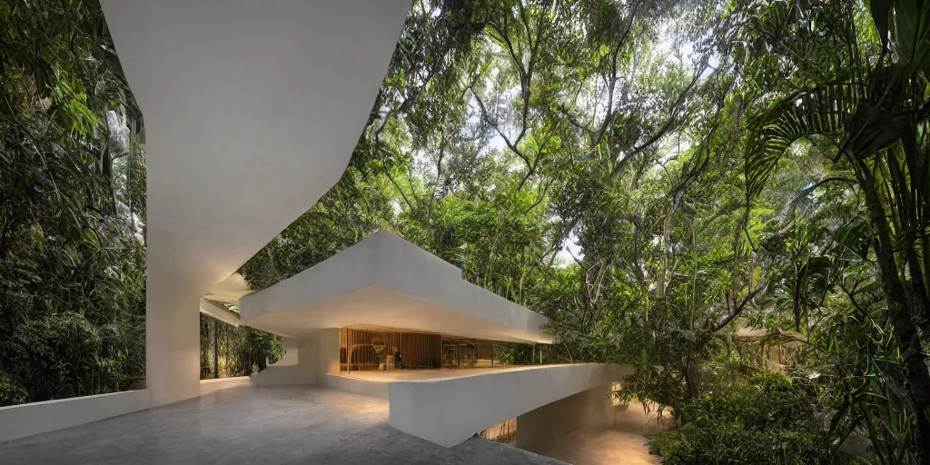 Prompt: Architectural photography of beautiful nature meets architecture building by Luis Barragán, in a tropical forest, volumetric lighting,, luxury, high detail, 14mm, cinematic photography, archdaily, high resolution