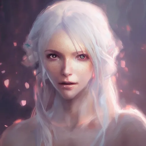 Image similar to a portrait of a beautiful lady with adorable eyes, light smiling, art of wlop and greg rutkowski, epic fantasy art, bright light masterpiece, ray of light through white hair