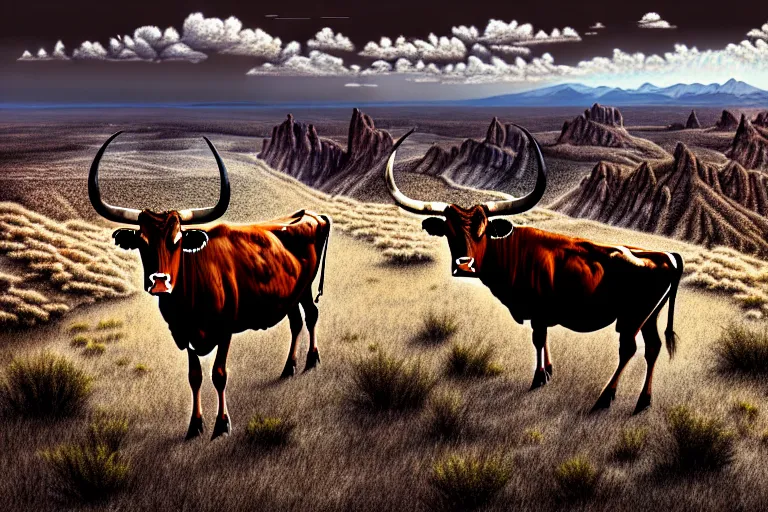 Image similar to a sketch of a longhorn steer on a high bluff in big bend, key visual, extremely moody, highly detailed, digital painting, sharp focus, illustration, unreal engine