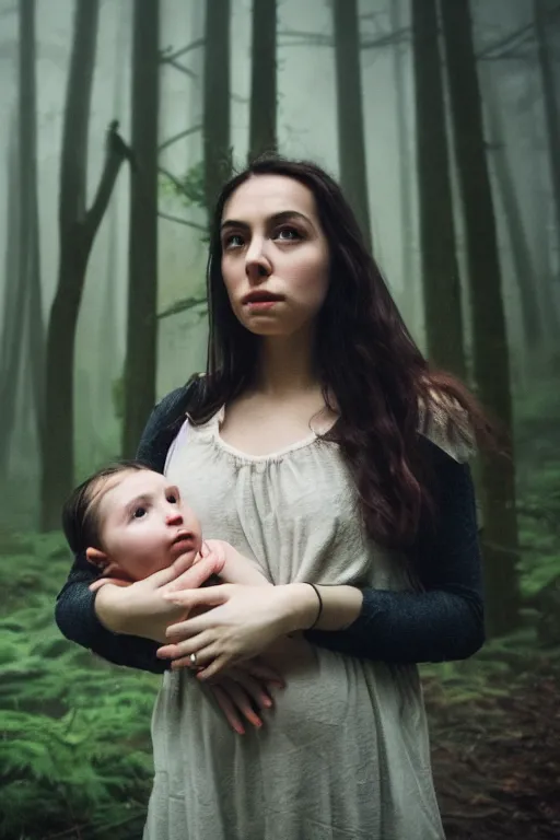 Image similar to a cinematic photo of a young woman with dark hair holds a baby in a dark, foggy forest, closeup, masterpiece