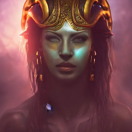 Image similar to riveting charismatic a beautiful female hybrid atlantean anubis alien warrior portrait, atmospheric lighting, painted, intricate, fog, cold, volumetric lighting, beautiful, golden hour, golden ratio, sharp focus, deep colours, ultra detailed, by leesha hannigan, ross tran, thierry doizon, kai carpenter, ignacio fernandez rios