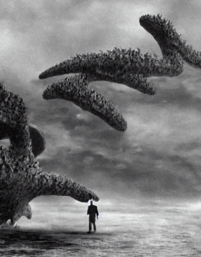 Image similar to a filmstill of a north korean monster movie, kaiju - eiga monster starfish - like trampling a traditional korean palace, foggy, film noir, video compression