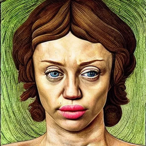 Image similar to miley cyrus as gollum, elegant portrait by sandro botticelli, detailed, symmetrical, intricate