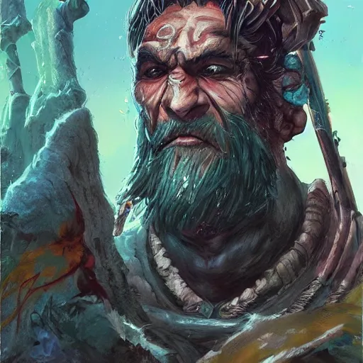 Prompt: a realistic portrait of Zaug, Slayer of hope, a barbarian warlock with a kind heart, background is a normal suburban backyard by Anato Finnstark, Jordan Grimmer, Ross Tran, and Vincent Di Fate Nausicaa