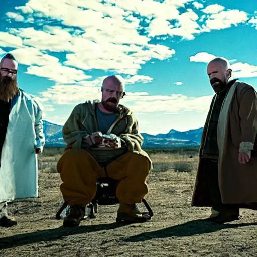 Image similar to Walter White and Jessie Pinkman as dwarves cooking blue meth crystals in the Breaking Bad movie series, cinematic scene
