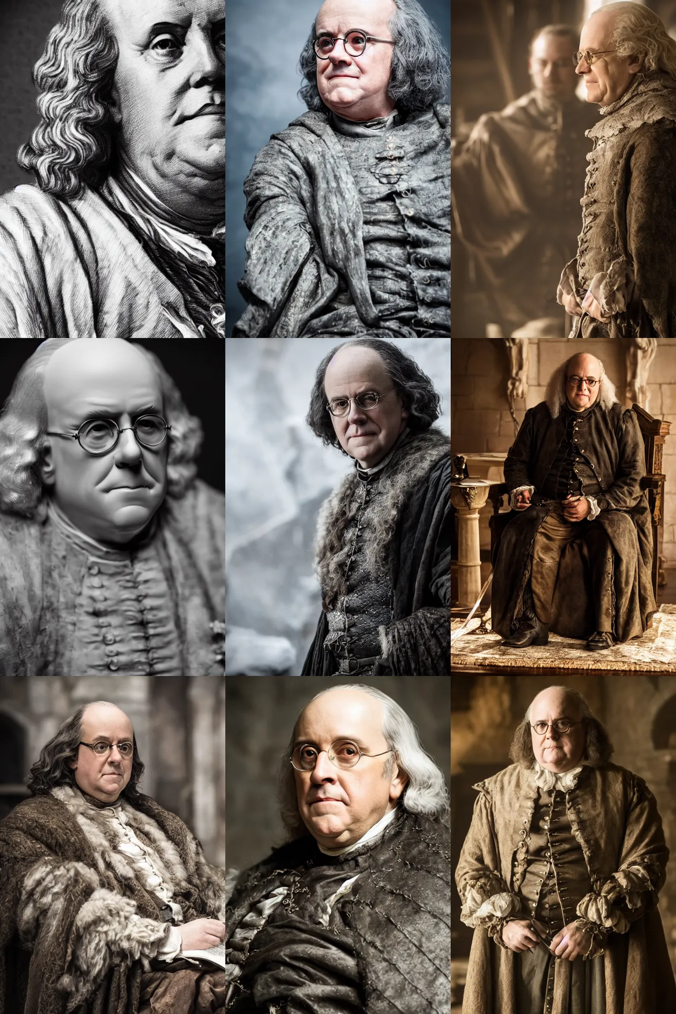 Prompt: benjamin franklin in game of thrones. dslr, 5 0 mm, f / 2. 8, studio lighting