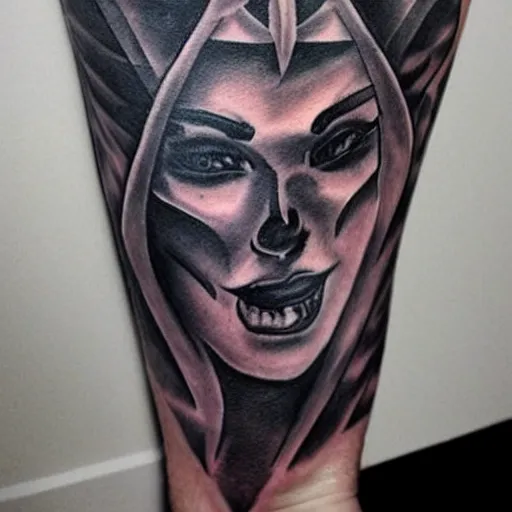 Image similar to ghost tattoo design, hyper realstic, on arm, low detailed, light colors