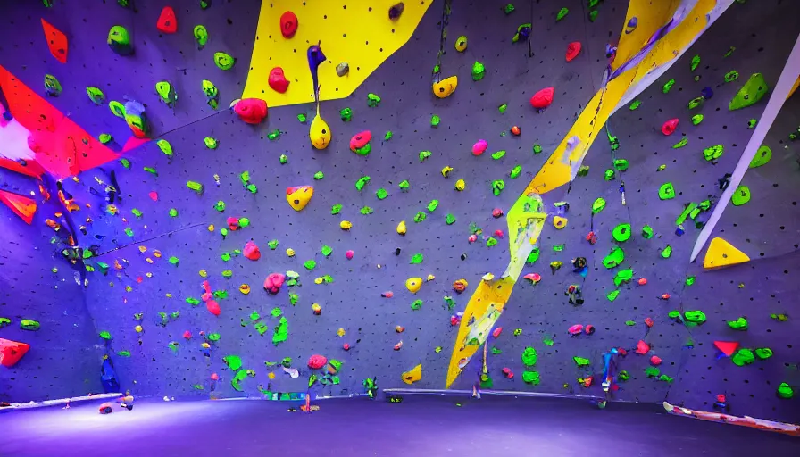 Image similar to futuristic neon indoor climbing center with space in the background, beautiful cosmos, cinematic shot, professional climbing photo, empty, galaxy, colourful climbing holds, 4k